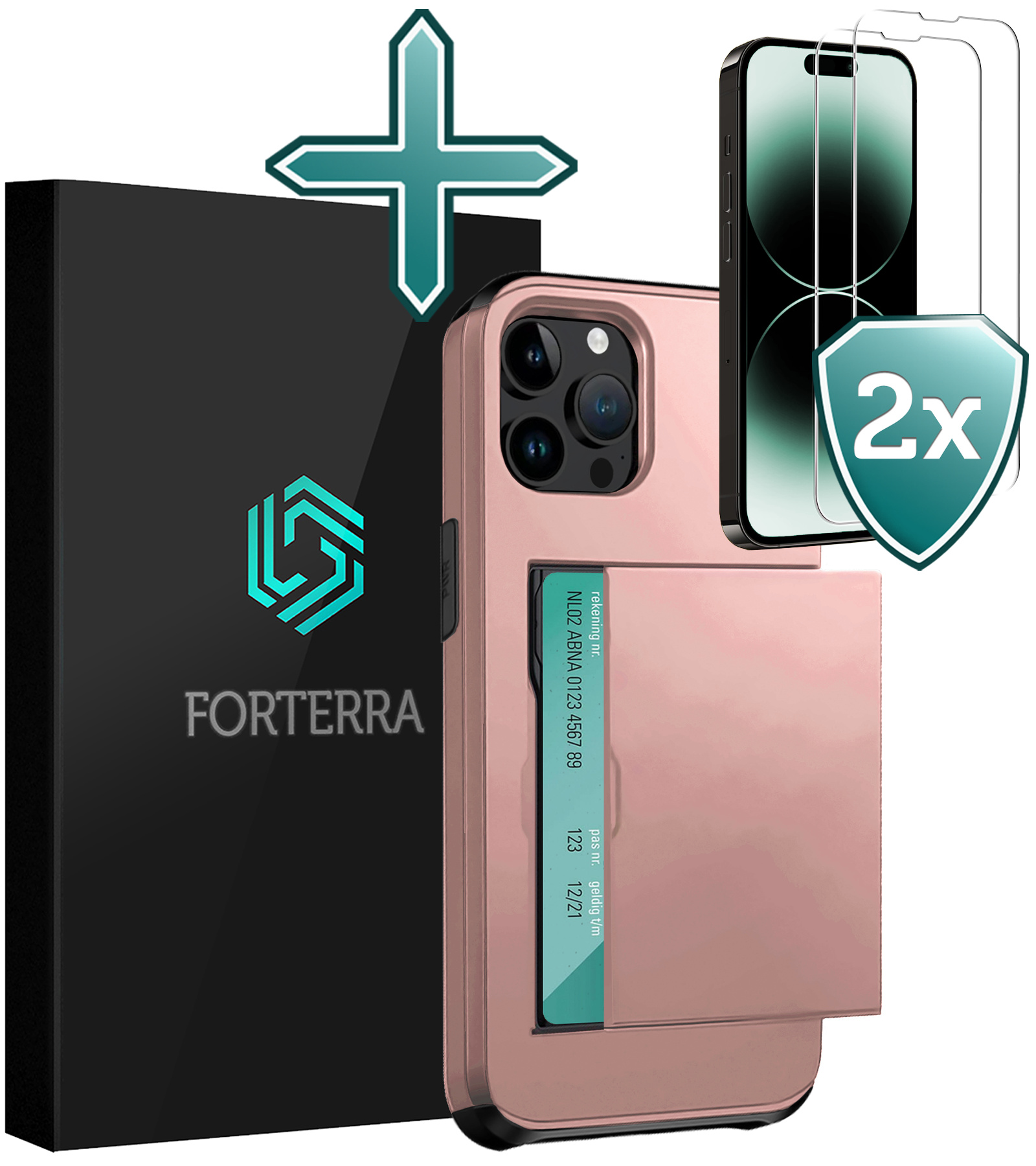 Forterra Hoesje Geschikt voor iPhone 14 Pro Max Pashouder Hard Case Hoes Met 2x Screenprotector - Hoes Geschikt voor iPhone 14 Pro Max Hoesje Back Cover Met Pasjeshouder - Rosé Goud