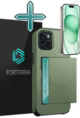 Forterra Hoesje Geschikt voor iPhone 15 Pashouder Hard Case Hoes Met Screenprotector - Hoes Geschikt voor iPhone 15 Hoesje Back Cover Met Pasjeshouder - Donker Groen