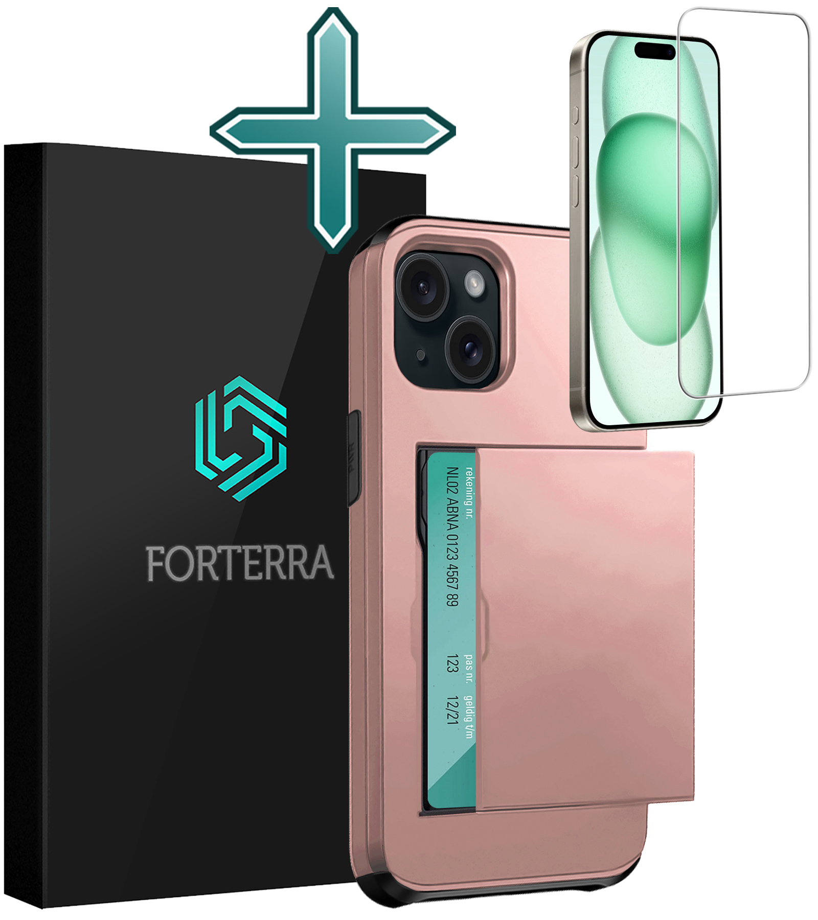 Forterra Hoesje Geschikt voor iPhone 15 Pashouder Hard Case Hoes Met Screenprotector - Hoes Geschikt voor iPhone 15 Hoesje Back Cover Met Pasjeshouder - Rosé Goud