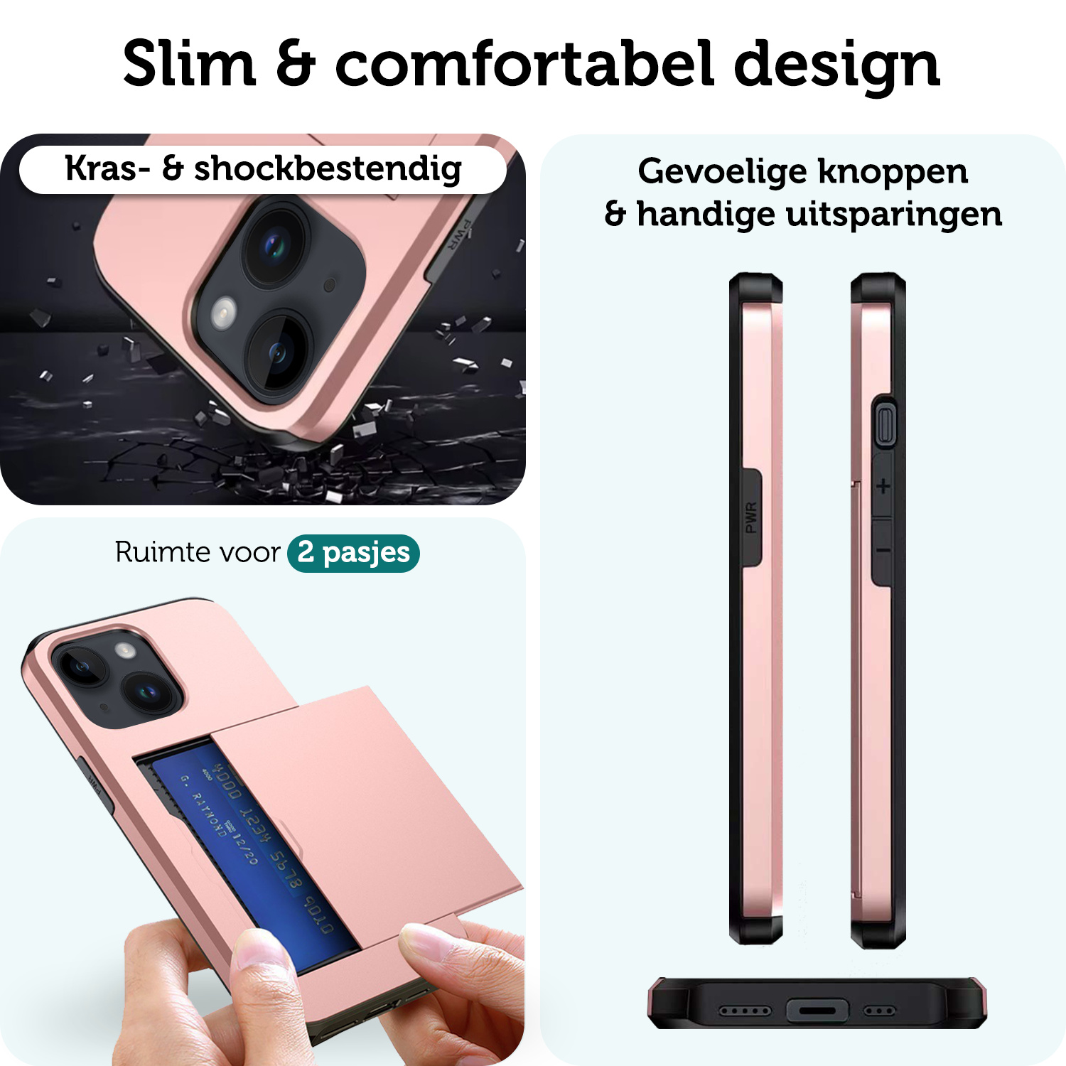 Forterra Hoesje Geschikt voor iPhone 15 Pashouder Hard Case Hoes Met Screenprotector - Hoes Geschikt voor iPhone 15 Hoesje Back Cover Met Pasjeshouder - Rosé Goud