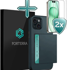 Forterra Forterra iPhone 15 Hoesje Pashouder Hard Met 2x Screenprotector - Donker Blauw