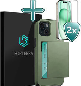 Forterra Forterra iPhone 15 Hoesje Pashouder Hard Met 2x Screenprotector - Donker Groen