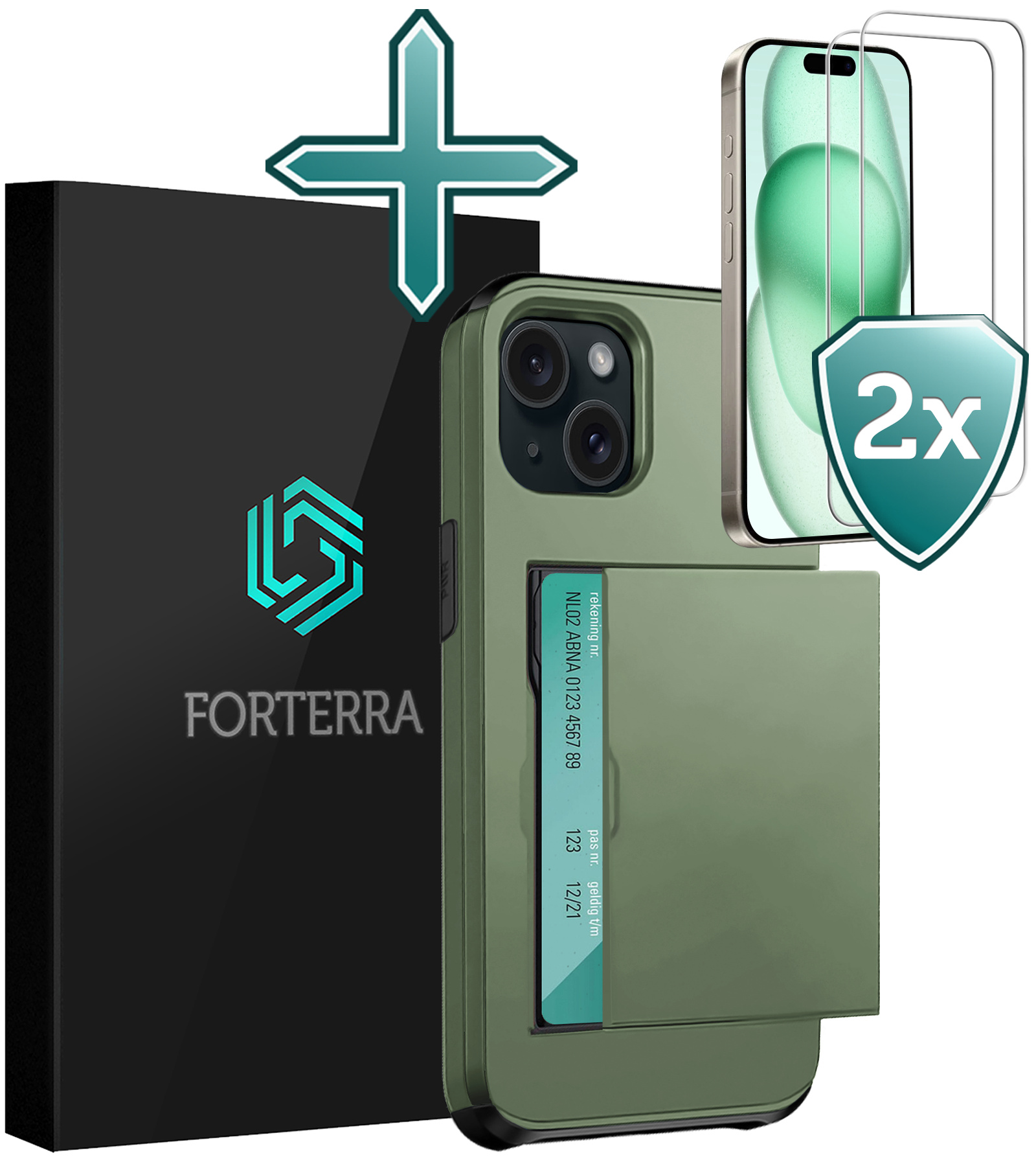 Forterra Hoesje Geschikt voor iPhone 15 Pashouder Hard Case Hoes Met 2x Screenprotector - Hoes Geschikt voor iPhone 15 Hoesje Back Cover Met Pasjeshouder - Donker Groen