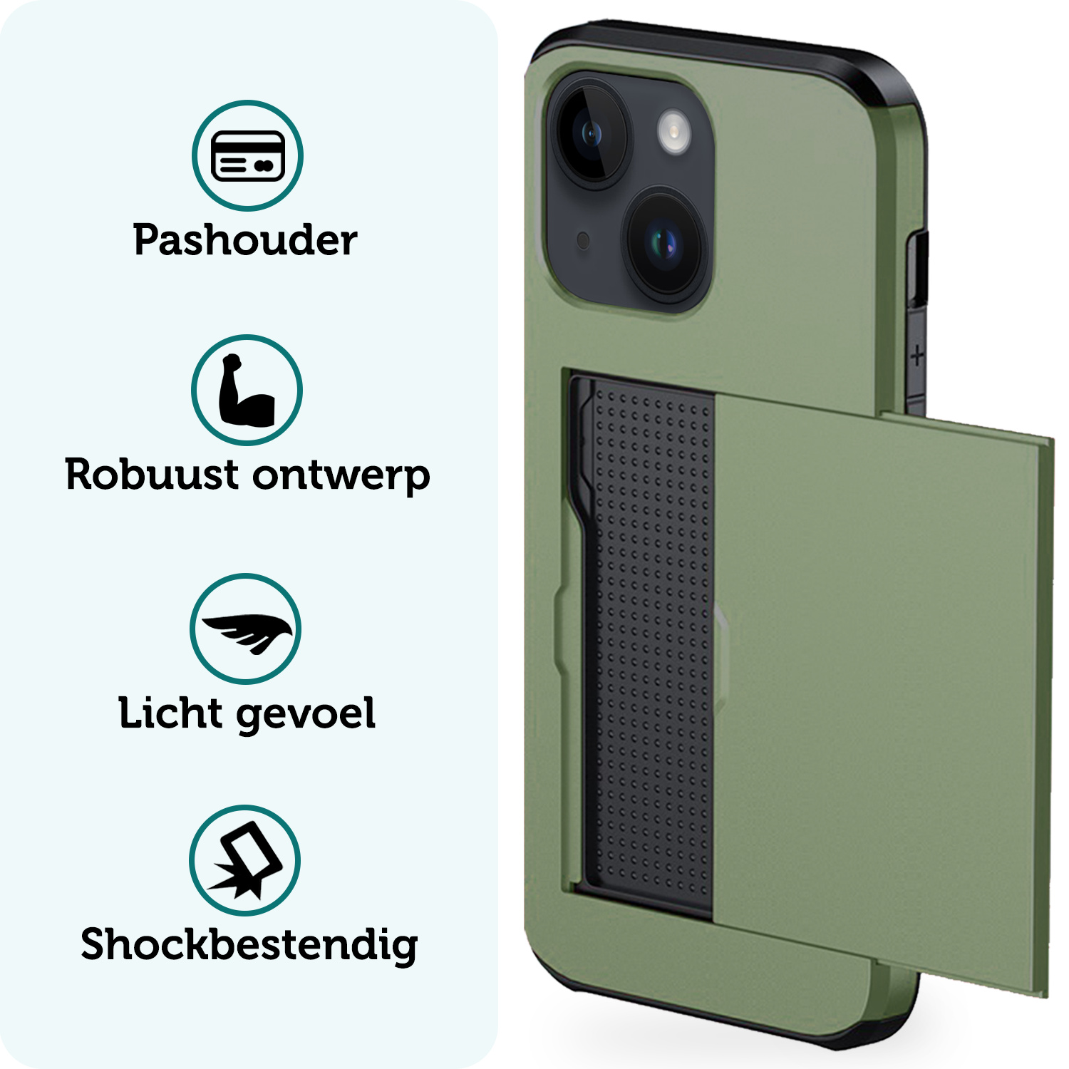 Forterra Hoesje Geschikt voor iPhone 15 Pashouder Hard Case Hoes Met 2x Screenprotector - Hoes Geschikt voor iPhone 15 Hoesje Back Cover Met Pasjeshouder - Donker Groen