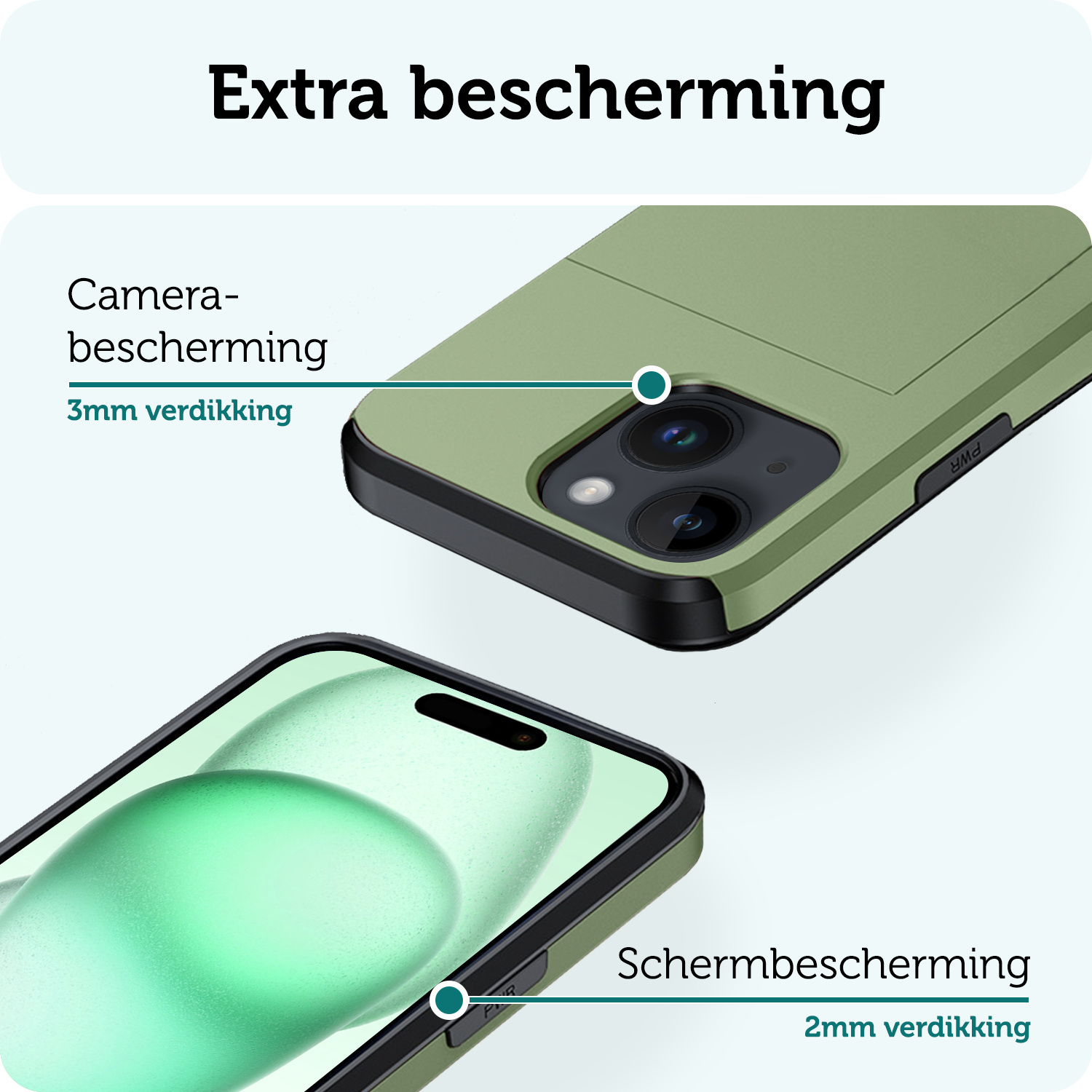 Forterra Hoesje Geschikt voor iPhone 15 Pashouder Hard Case Hoes Met 2x Screenprotector - Hoes Geschikt voor iPhone 15 Hoesje Back Cover Met Pasjeshouder - Donker Groen