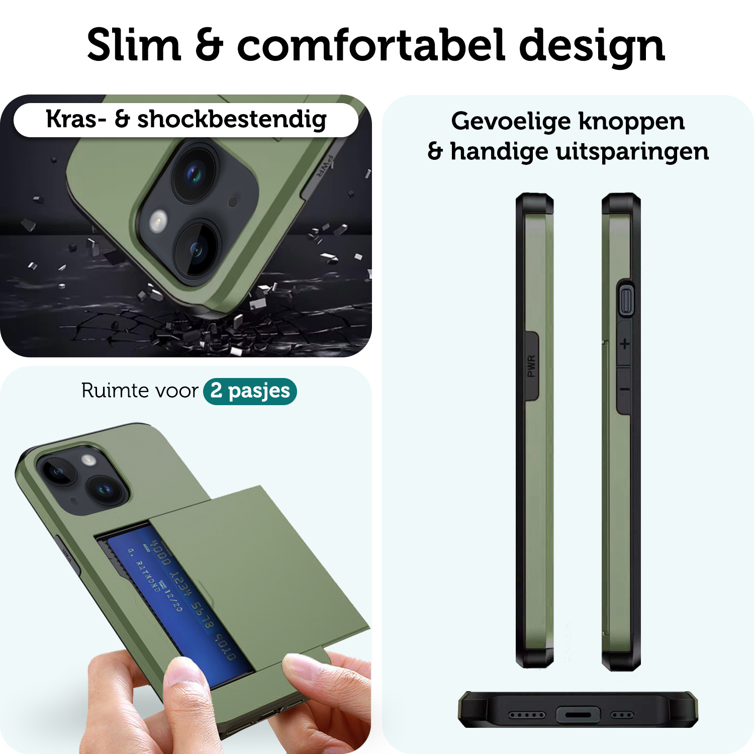 Forterra Hoesje Geschikt voor iPhone 15 Pashouder Hard Case Hoes Met 2x Screenprotector - Hoes Geschikt voor iPhone 15 Hoesje Back Cover Met Pasjeshouder - Donker Groen