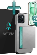 Forterra Hoesje Geschikt voor iPhone 15 Pashouder Hard Case Hoes Met 2x Screenprotector - Hoes Geschikt voor iPhone 15 Hoesje Back Cover Met Pasjeshouder - Grijs