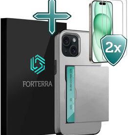 Forterra Forterra iPhone 15 Hoesje Pashouder Hard Met 2x Screenprotector - Grijs