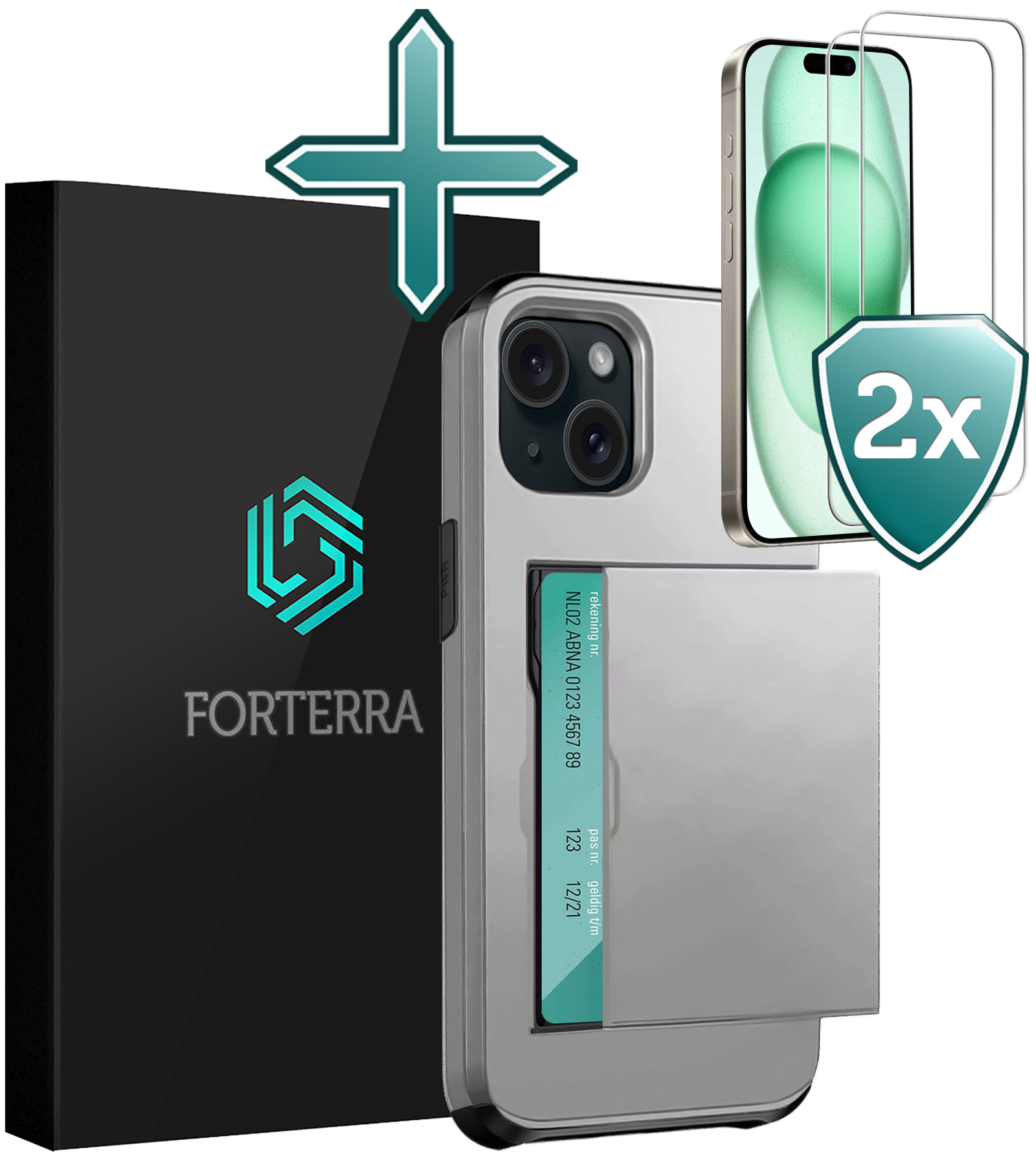 Forterra Hoesje Geschikt voor iPhone 15 Pashouder Hard Case Hoes Met 2x Screenprotector - Hoes Geschikt voor iPhone 15 Hoesje Back Cover Met Pasjeshouder - Grijs