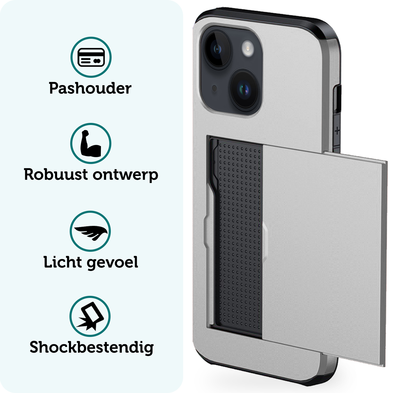 Forterra Hoesje Geschikt voor iPhone 15 Pashouder Hard Case Hoes Met 2x Screenprotector - Hoes Geschikt voor iPhone 15 Hoesje Back Cover Met Pasjeshouder - Grijs