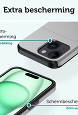 Forterra Hoesje Geschikt voor iPhone 15 Pashouder Hard Case Hoes Met 2x Screenprotector - Hoes Geschikt voor iPhone 15 Hoesje Back Cover Met Pasjeshouder - Grijs