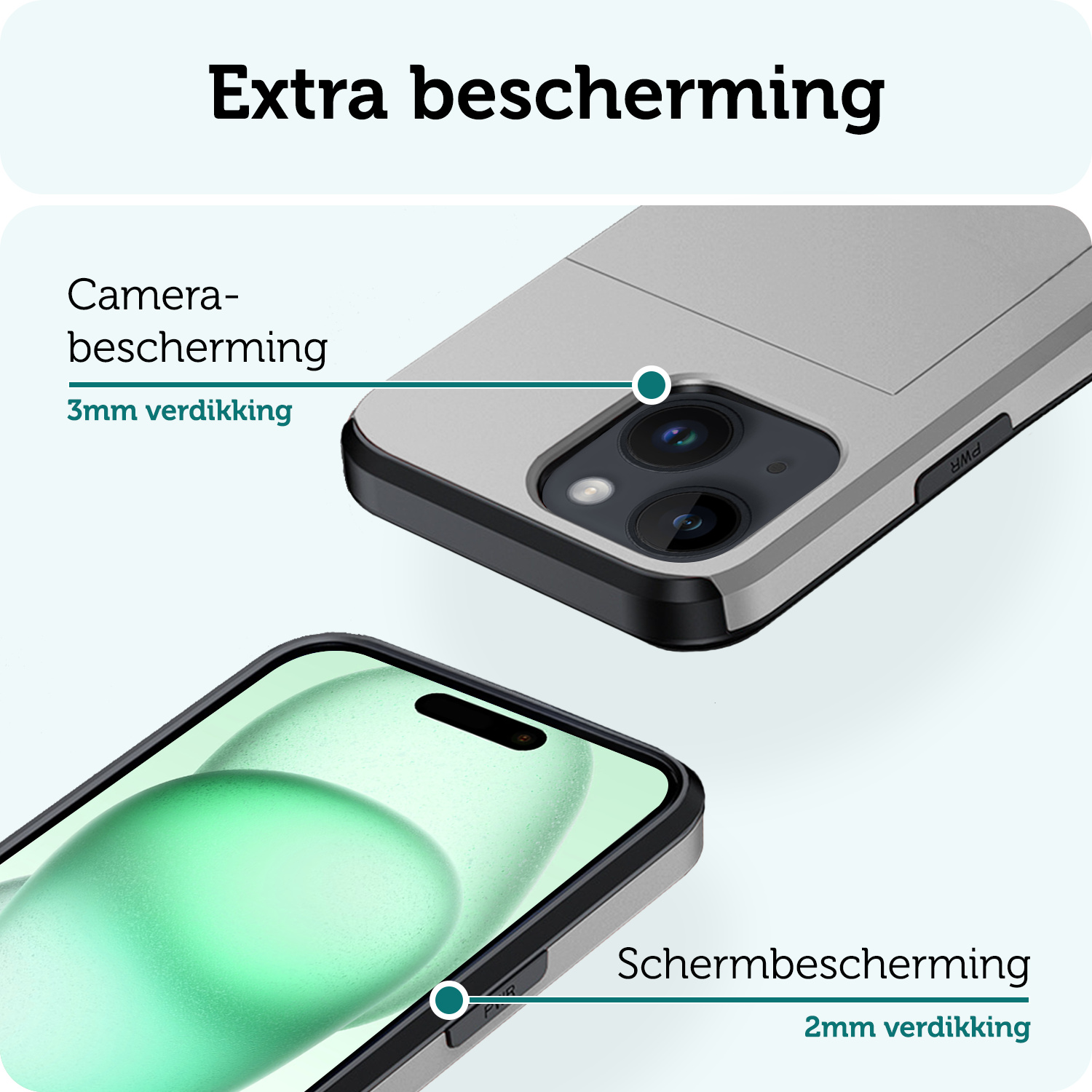 Forterra Hoesje Geschikt voor iPhone 15 Pashouder Hard Case Hoes Met 2x Screenprotector - Hoes Geschikt voor iPhone 15 Hoesje Back Cover Met Pasjeshouder - Grijs