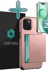 Forterra Hoesje Geschikt voor iPhone 15 Pashouder Hard Case Hoes Met 2x Screenprotector - Hoes Geschikt voor iPhone 15 Hoesje Back Cover Met Pasjeshouder - Rosé Goud