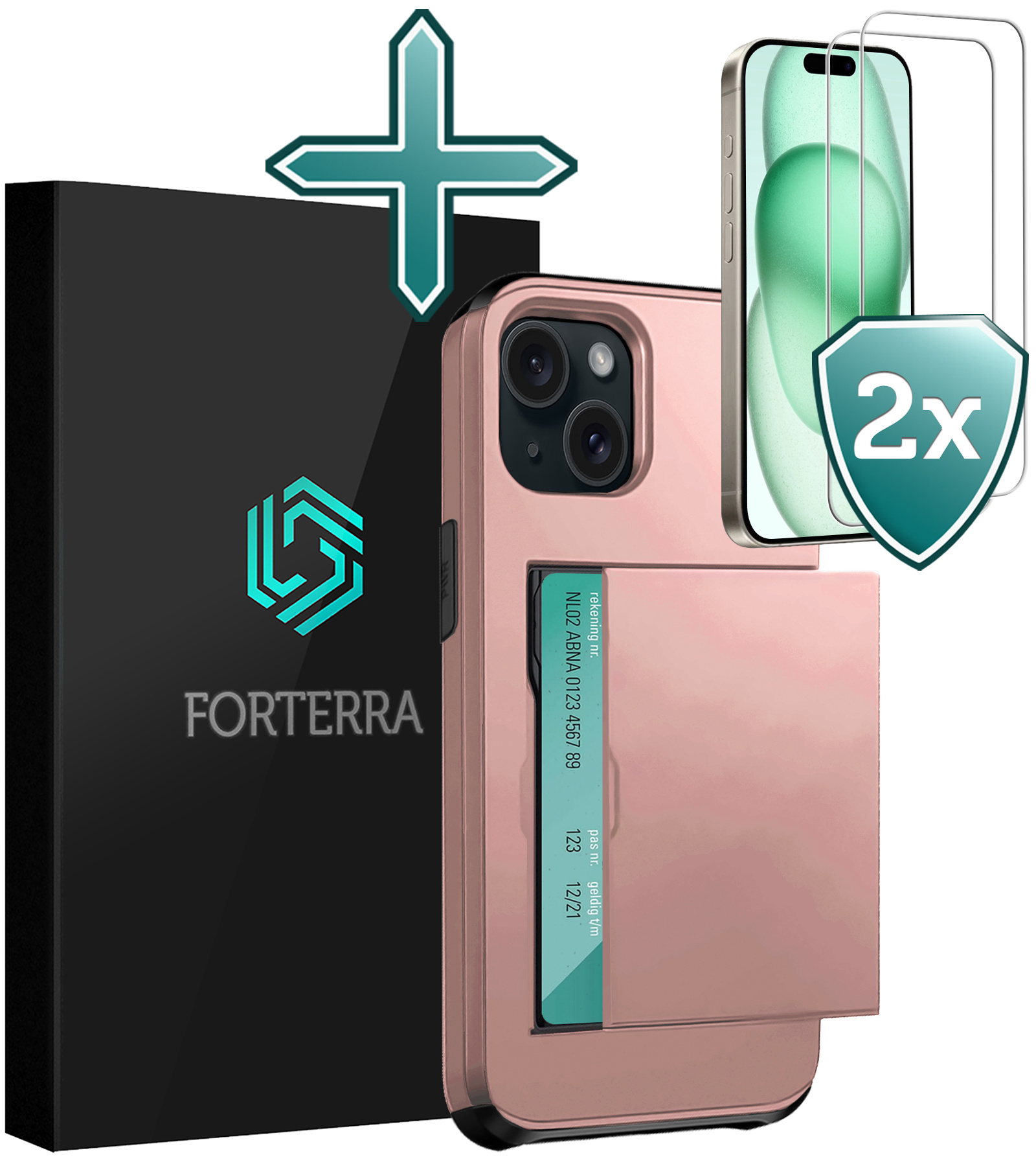 Forterra Hoesje Geschikt voor iPhone 15 Pashouder Hard Case Hoes Met 2x Screenprotector - Hoes Geschikt voor iPhone 15 Hoesje Back Cover Met Pasjeshouder - Rosé Goud