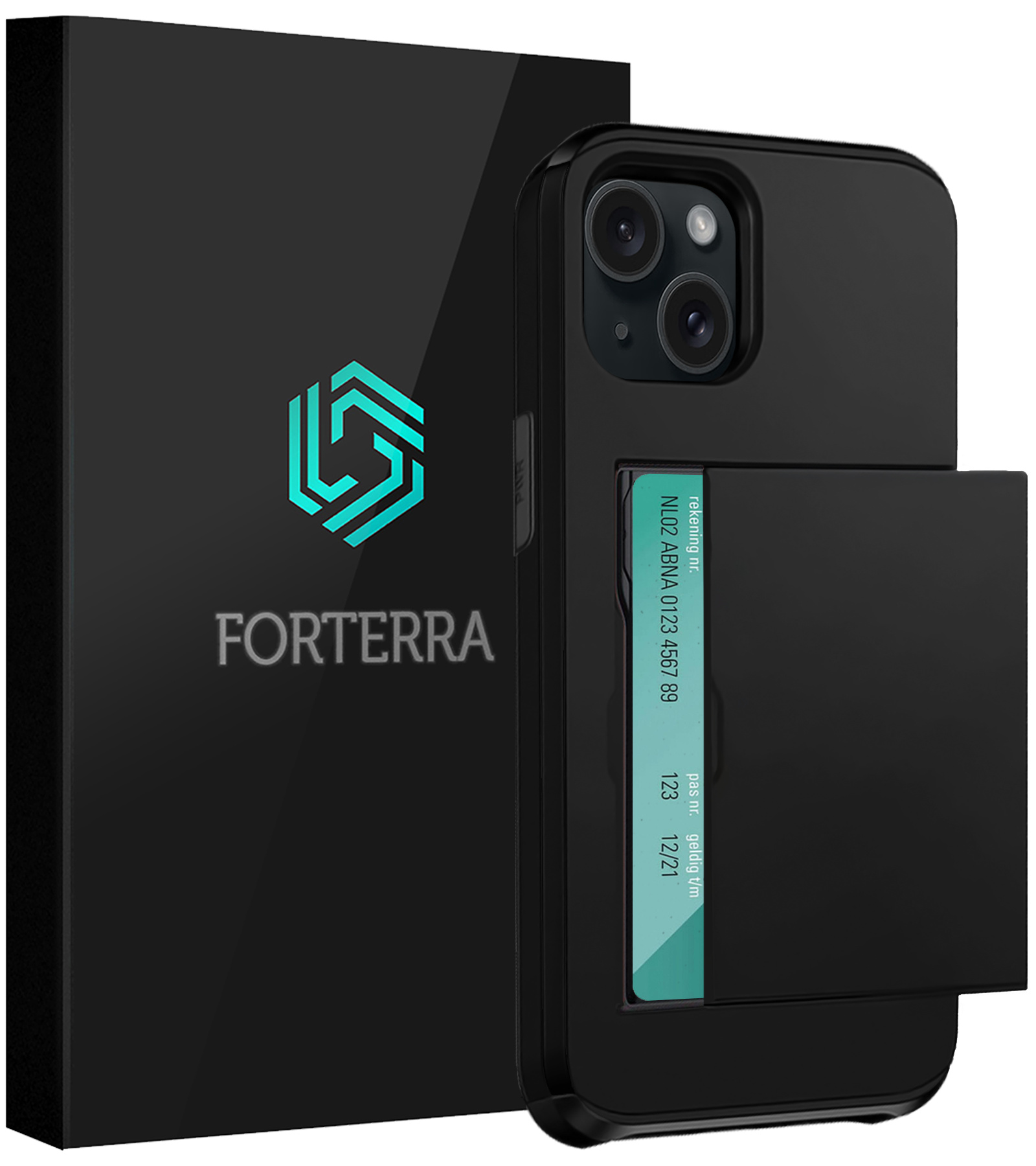 Forterra Hoesje Geschikt voor iPhone 15 Plus Pashouder Hard Case Hoes - Hoes Geschikt voor iPhone 15 Plus Hoesje Back Cover Met Pasjeshouder - Zwart