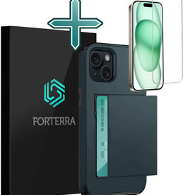 Forterra Forterra iPhone 15 Plus Hoesje Pashouder Hard Met Screenprotector - Donker Blauw