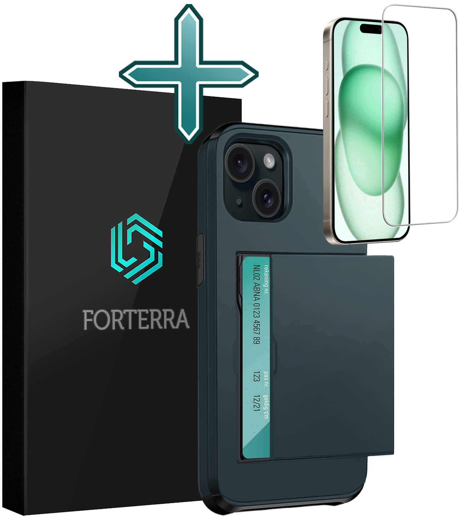 Forterra Hoesje Geschikt voor iPhone 15 Plus Pashouder Hard Case Hoes Met Screenprotector - Hoes Geschikt voor iPhone 15 Plus Hoesje Back Cover Met Pasjeshouder - Donker Blauw