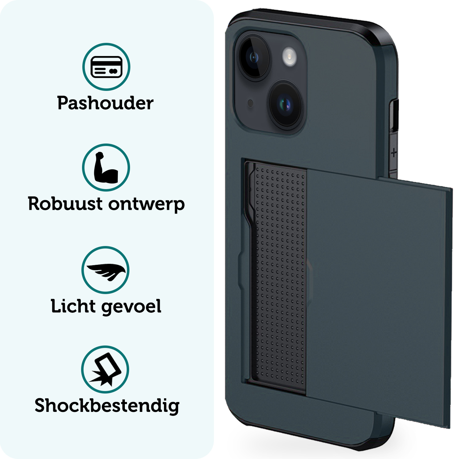 Forterra Hoesje Geschikt voor iPhone 15 Plus Pashouder Hard Case Hoes Met Screenprotector - Hoes Geschikt voor iPhone 15 Plus Hoesje Back Cover Met Pasjeshouder - Donker Blauw