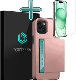 Forterra Forterra iPhone 15 Plus Hoesje Pashouder Hard Met Screenprotector - Rosé Goud