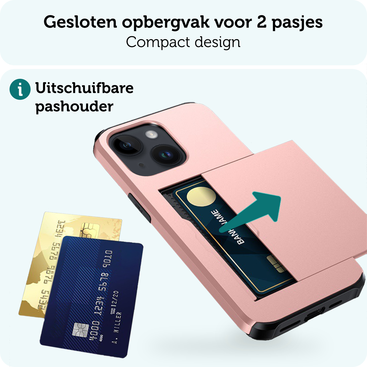 Forterra Hoesje Geschikt voor iPhone 15 Plus Pashouder Hard Case Hoes Met Screenprotector - Hoes Geschikt voor iPhone 15 Plus Hoesje Back Cover Met Pasjeshouder - Rosé Goud