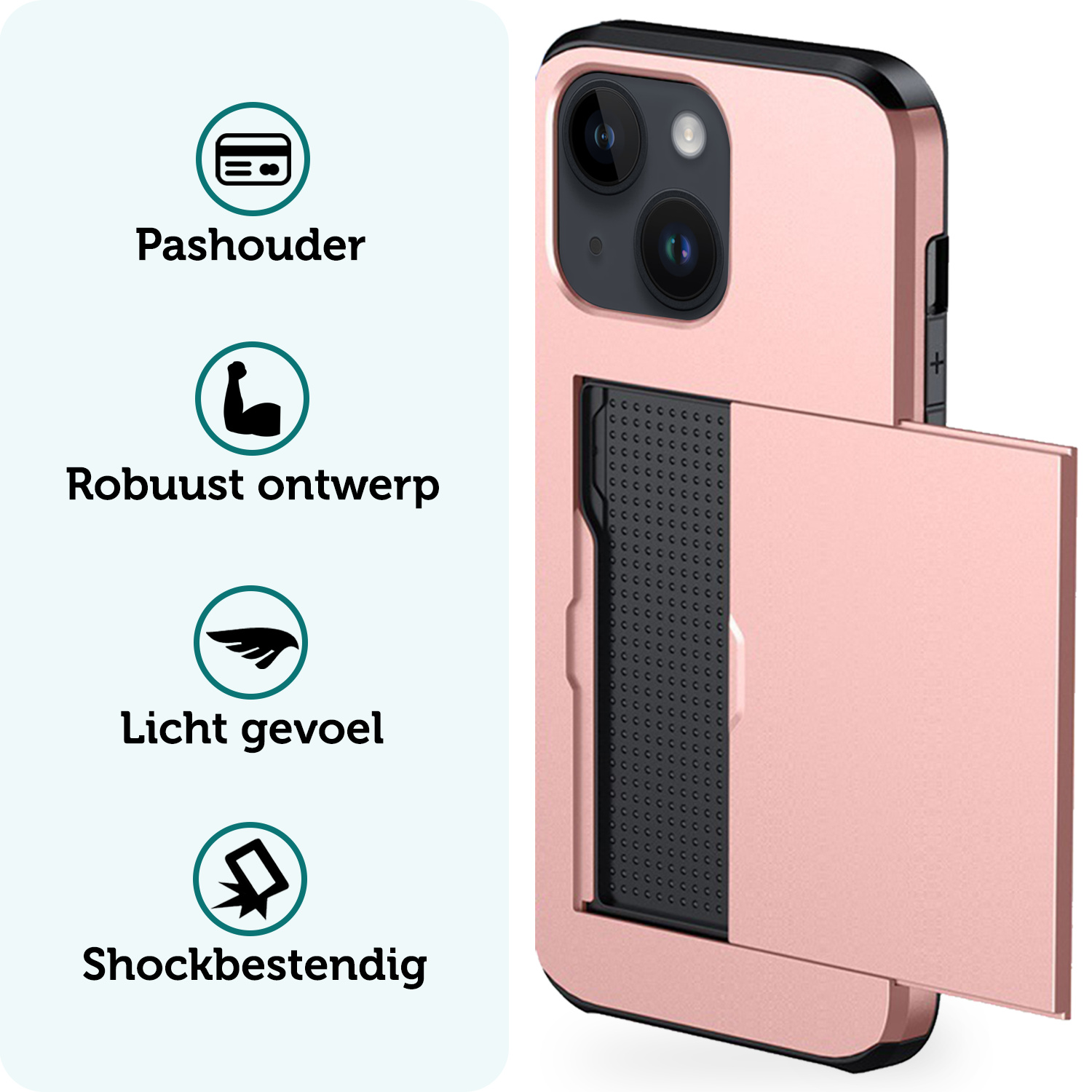 Forterra Hoesje Geschikt voor iPhone 15 Plus Pashouder Hard Case Hoes Met Screenprotector - Hoes Geschikt voor iPhone 15 Plus Hoesje Back Cover Met Pasjeshouder - Rosé Goud