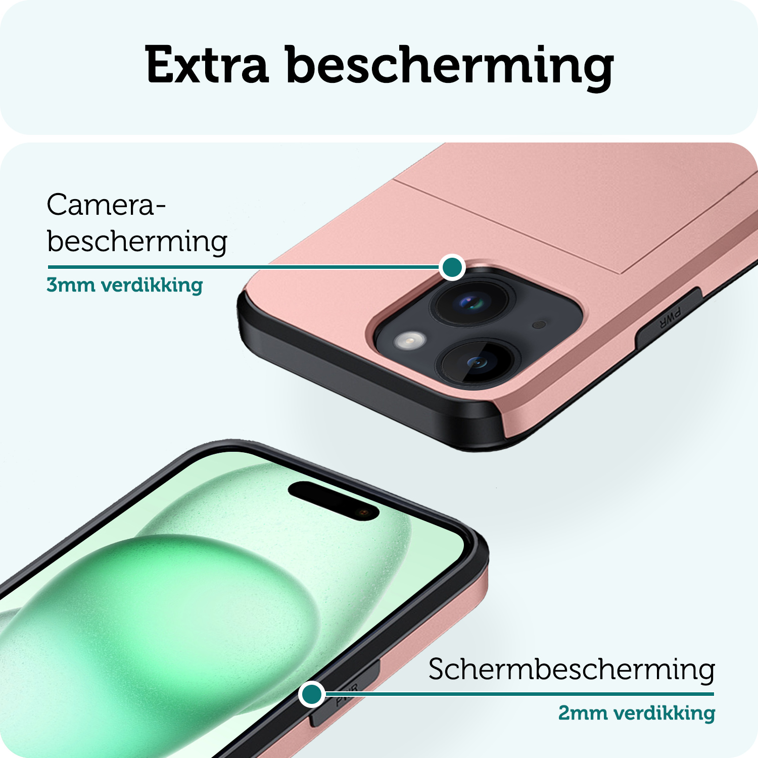 Forterra Hoesje Geschikt voor iPhone 15 Plus Pashouder Hard Case Hoes Met Screenprotector - Hoes Geschikt voor iPhone 15 Plus Hoesje Back Cover Met Pasjeshouder - Rosé Goud