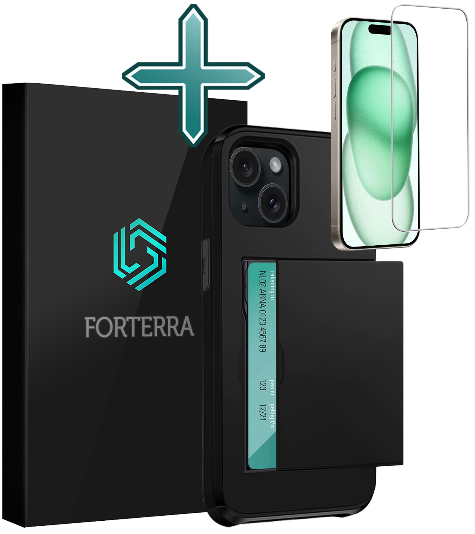 Forterra Hoesje Geschikt voor iPhone 15 Plus Pashouder Hard Case Hoes Met Screenprotector - Hoes Geschikt voor iPhone 15 Plus Hoesje Back Cover Met Pasjeshouder - Zwart