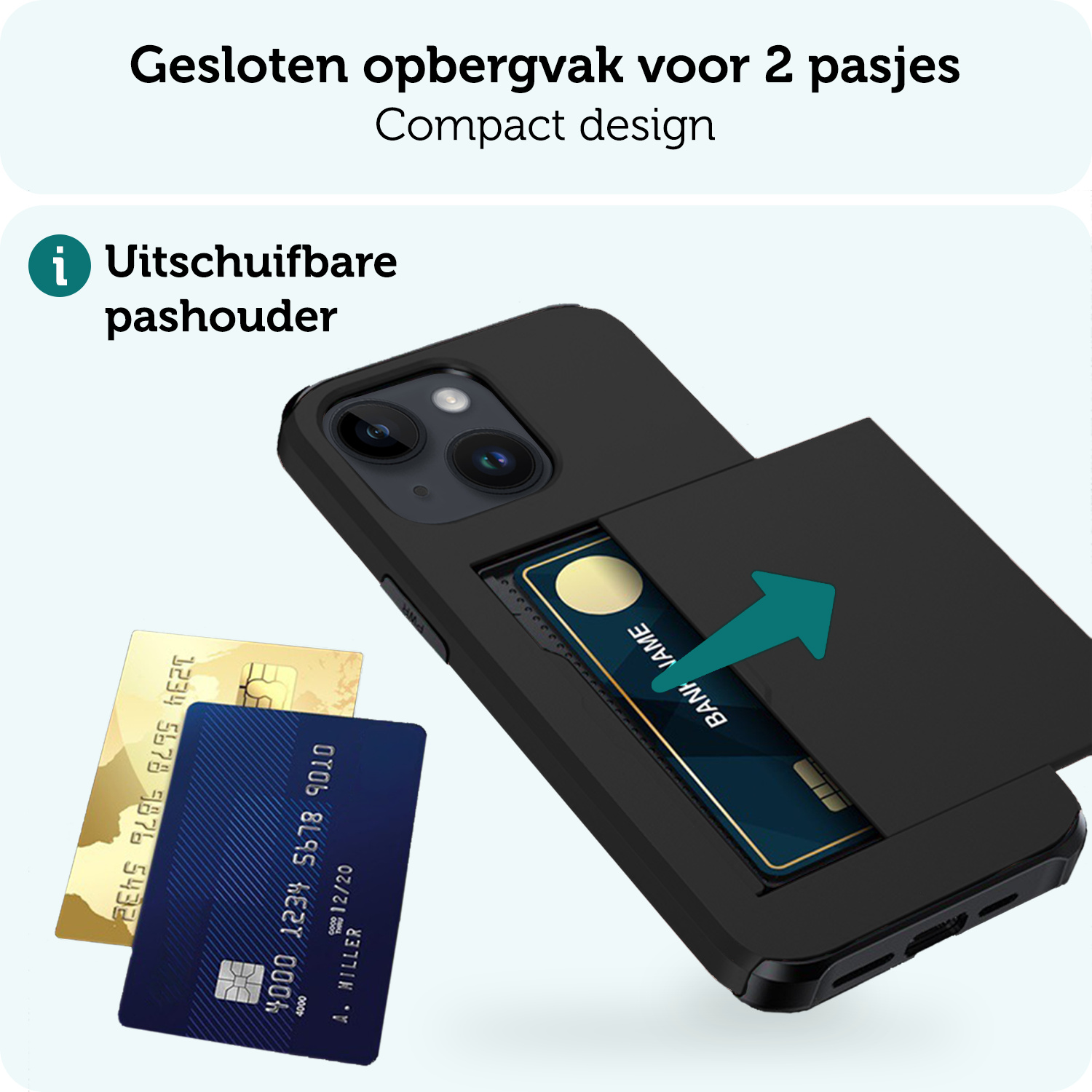 Forterra Hoesje Geschikt voor iPhone 15 Plus Pashouder Hard Case Hoes Met Screenprotector - Hoes Geschikt voor iPhone 15 Plus Hoesje Back Cover Met Pasjeshouder - Zwart