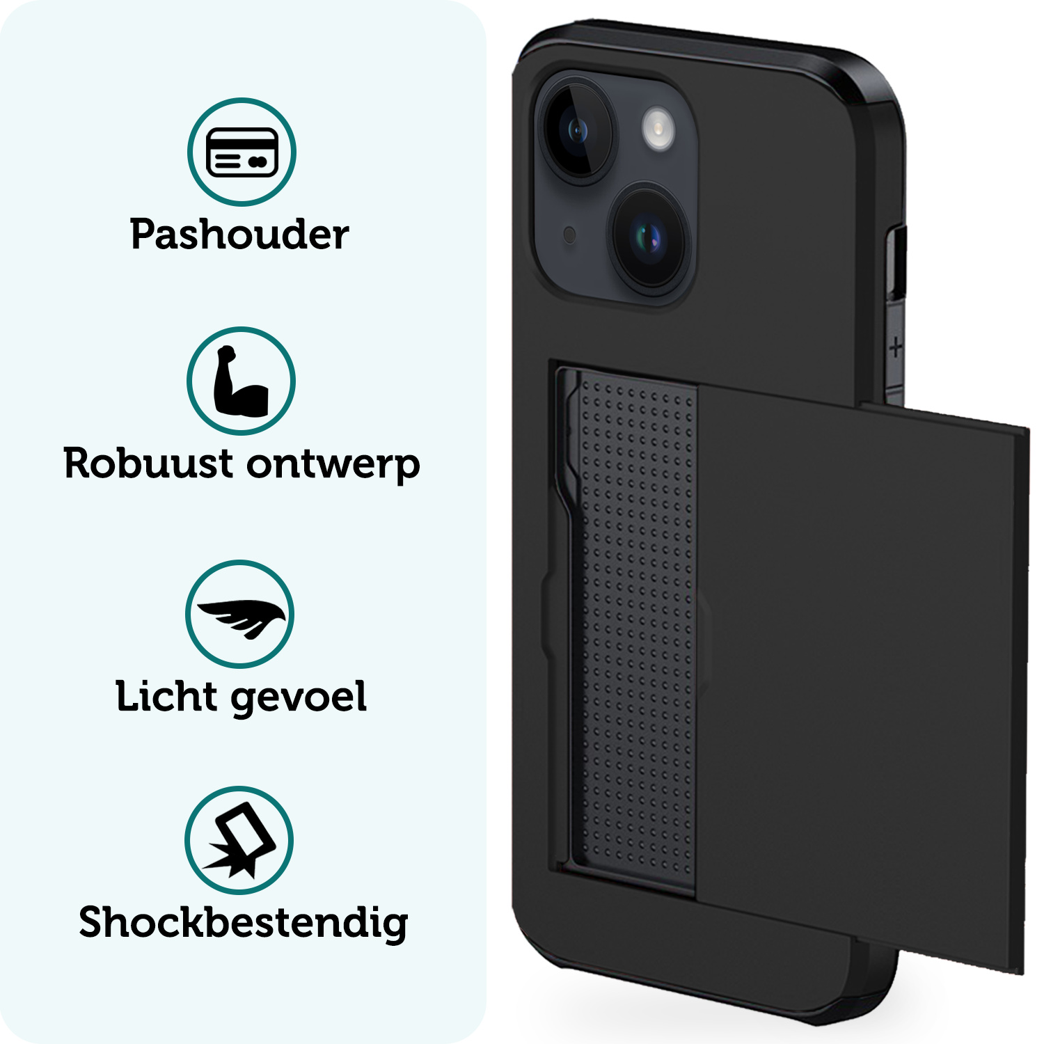 Forterra Hoesje Geschikt voor iPhone 15 Plus Pashouder Hard Case Hoes Met Screenprotector - Hoes Geschikt voor iPhone 15 Plus Hoesje Back Cover Met Pasjeshouder - Zwart
