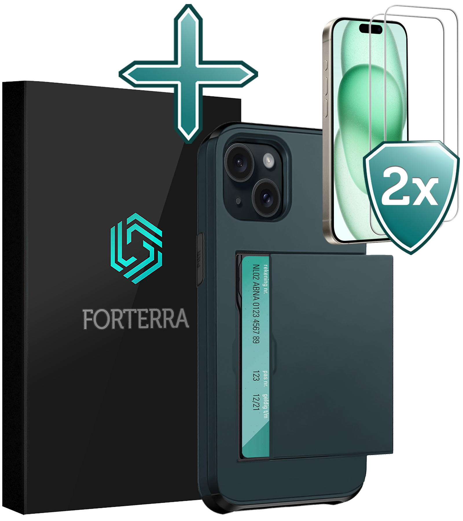 Forterra Hoesje Geschikt voor iPhone 15 Plus Pashouder Hard Case Hoes Met 2x Screenprotector - Hoes Geschikt voor iPhone 15 Plus Hoesje Back Cover Met Pasjeshouder - Donker Blauw