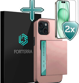 Forterra Forterra iPhone 15 Plus Hoesje Pashouder Hard Met 2x Screenprotector - Rosé Goud