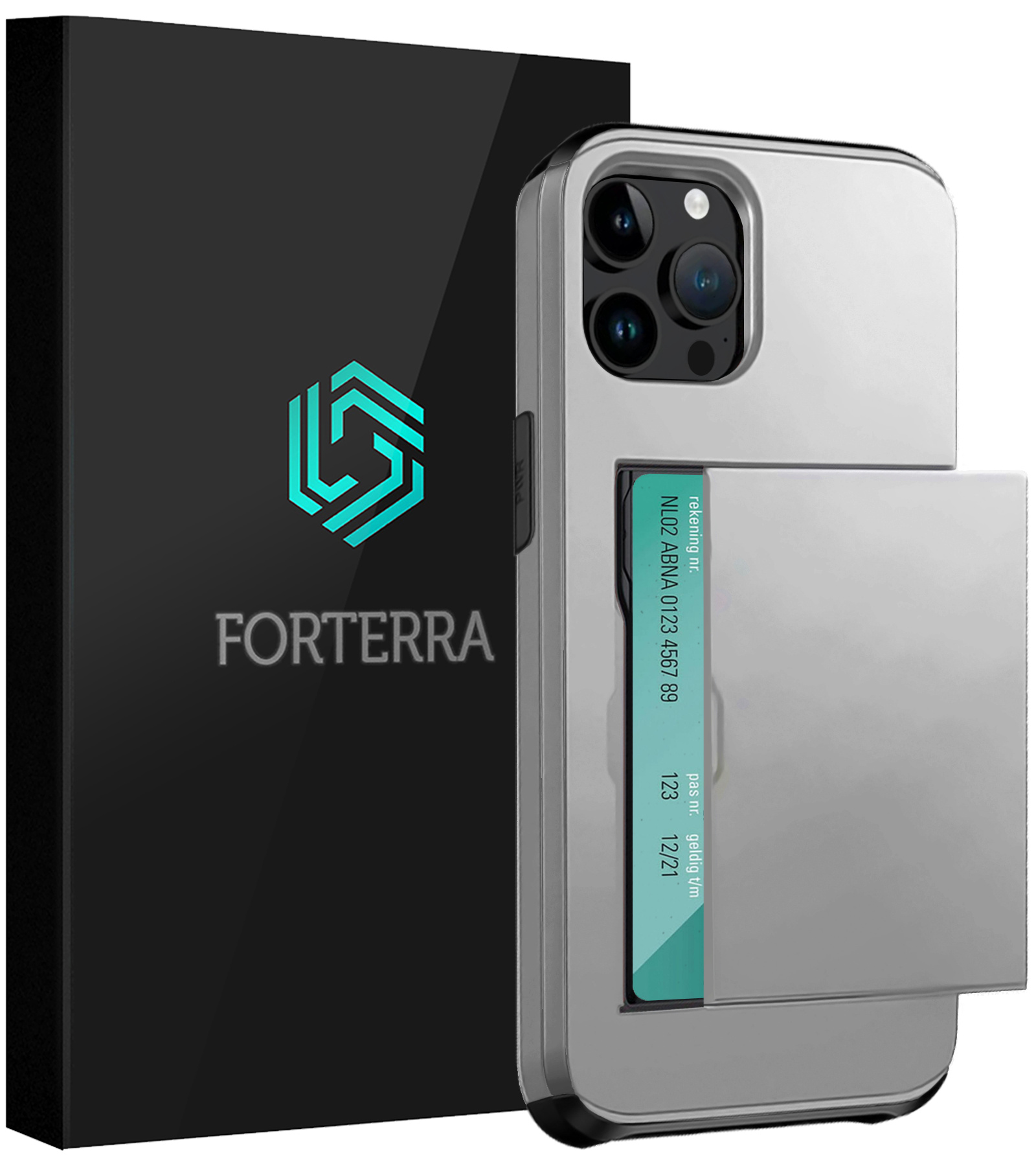 Forterra Hoesje Geschikt voor iPhone 15 Pro Pashouder Hard Case Hoes - Hoes Geschikt voor iPhone 15 Pro Hoesje Back Cover Met Pasjeshouder - Grijs