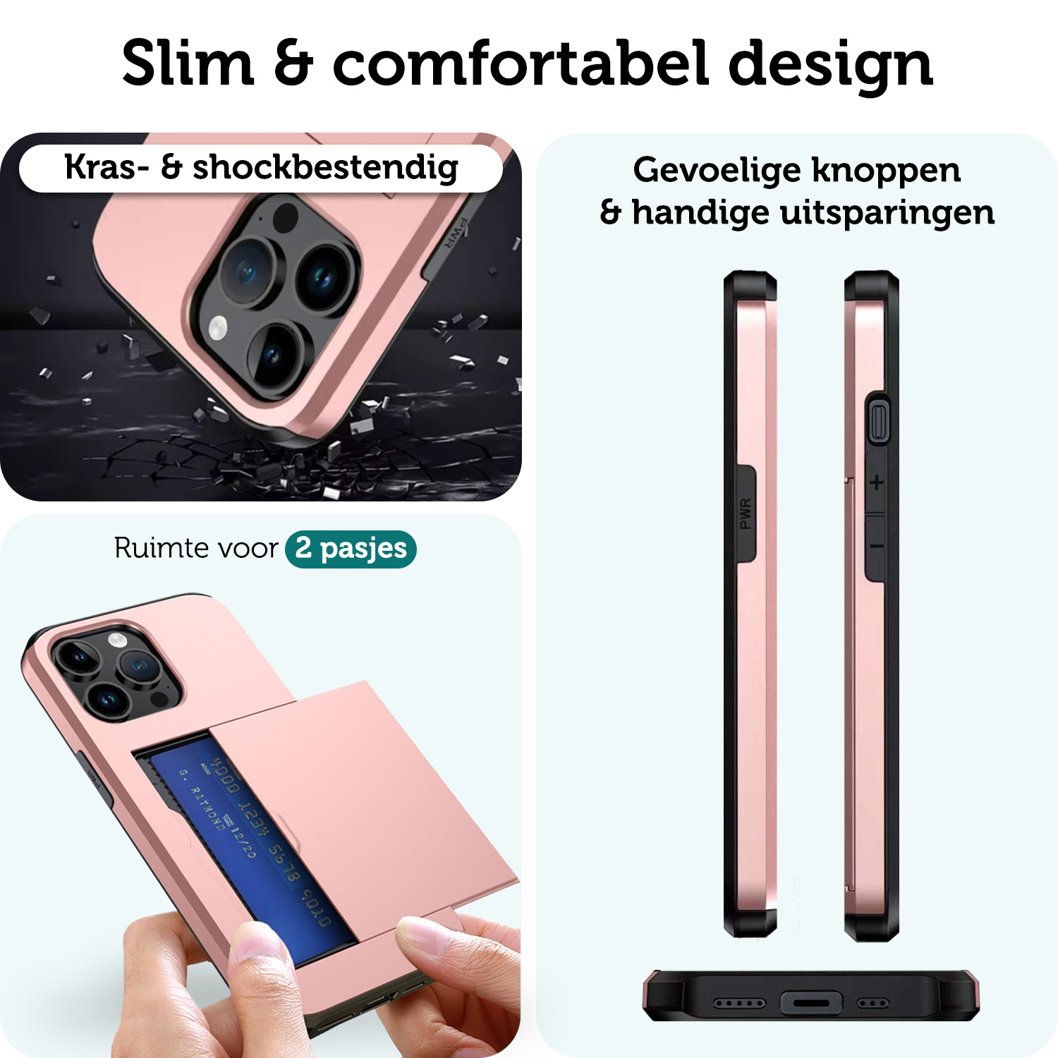 Forterra Hoesje Geschikt voor iPhone 15 Pro Pashouder Hard Case Hoes - Hoes Geschikt voor iPhone 15 Pro Hoesje Back Cover Met Pasjeshouder - Rosé Goud