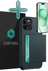 Forterra Hoesje Geschikt voor iPhone 15 Pro Pashouder Hard Case Hoes Met Screenprotector - Hoes Geschikt voor iPhone 15 Pro Hoesje Back Cover Met Pasjeshouder - Donker Blauw