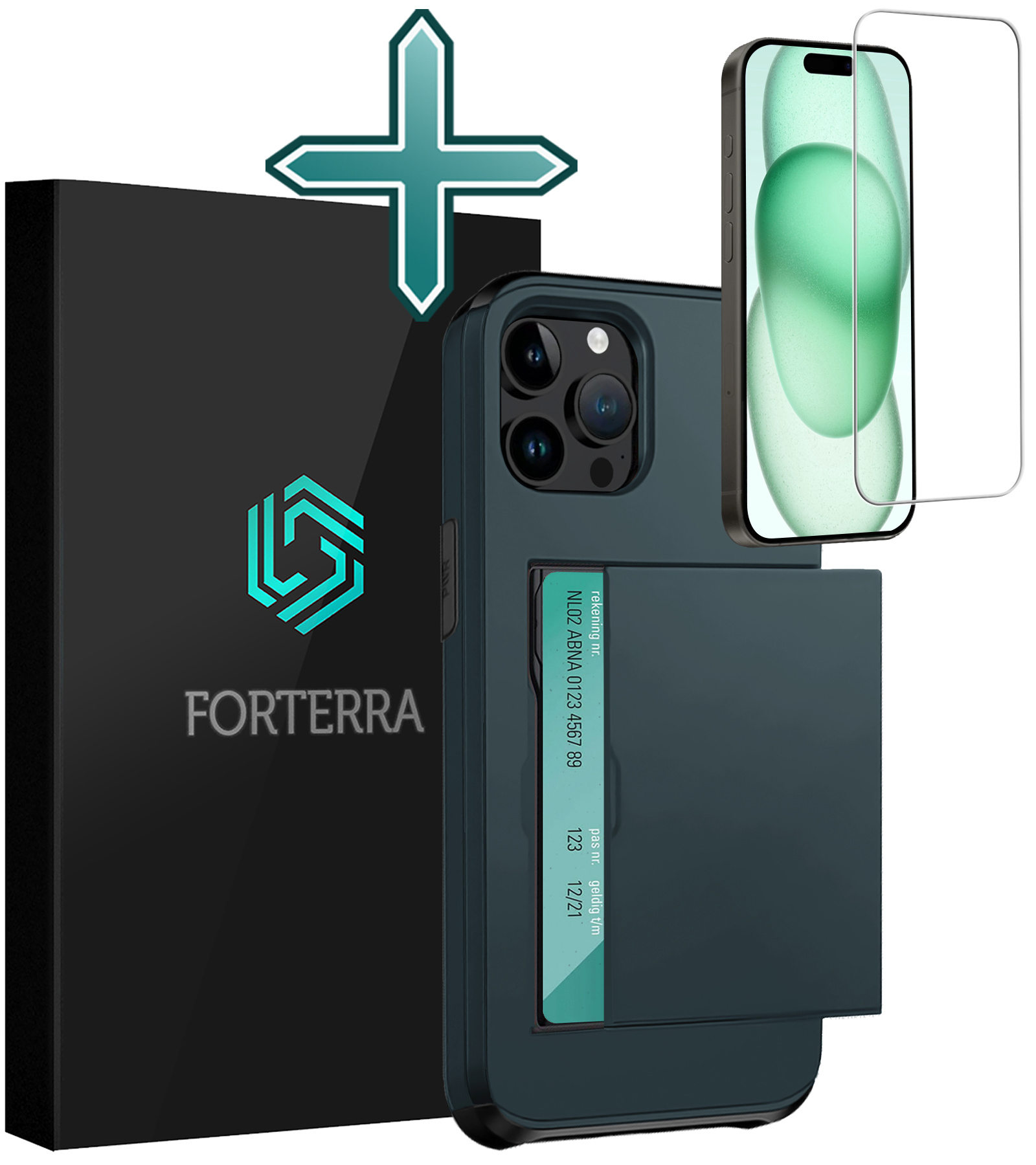 Forterra Hoesje Geschikt voor iPhone 15 Pro Pashouder Hard Case Hoes Met Screenprotector - Hoes Geschikt voor iPhone 15 Pro Hoesje Back Cover Met Pasjeshouder - Donker Blauw