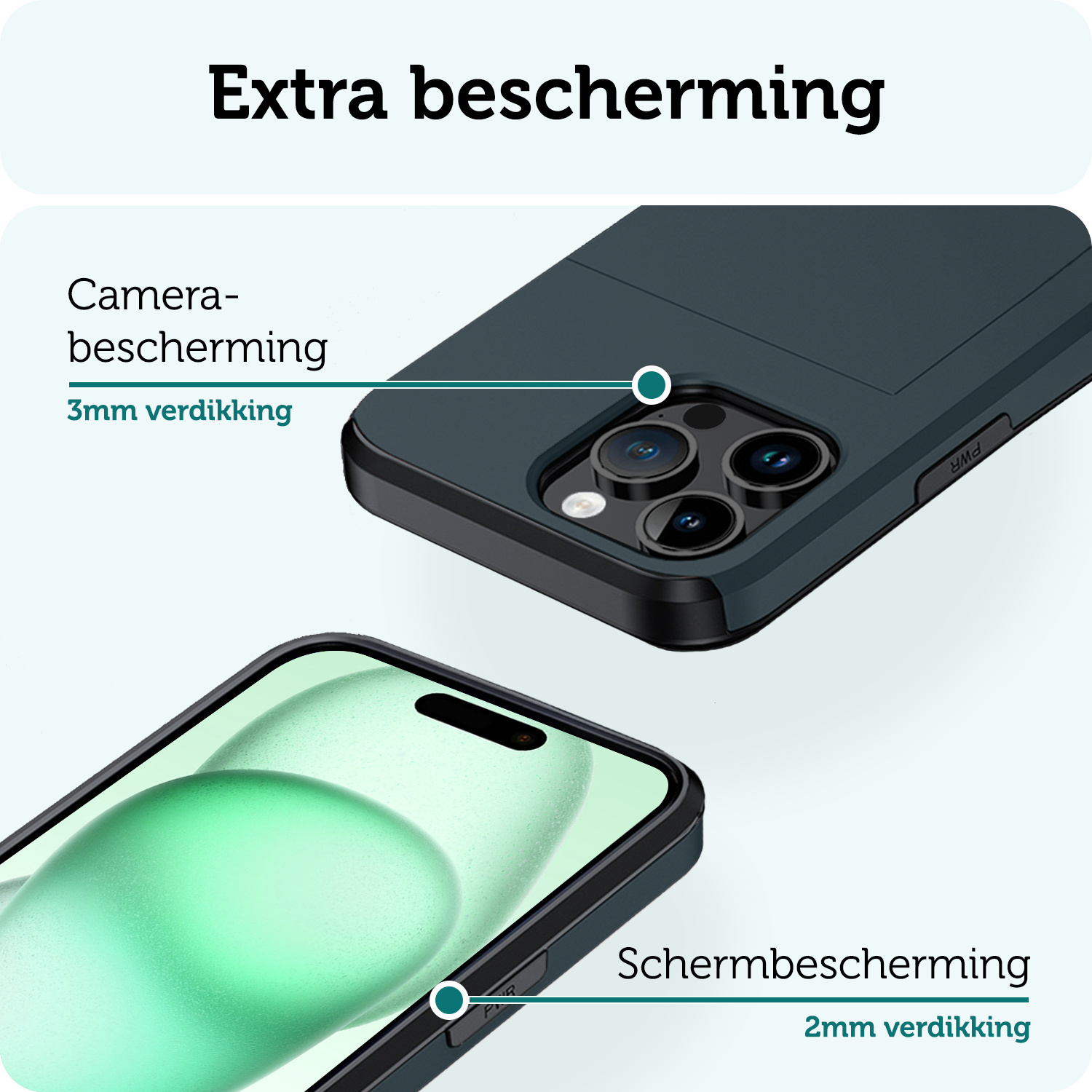 Forterra Hoesje Geschikt voor iPhone 15 Pro Pashouder Hard Case Hoes Met Screenprotector - Hoes Geschikt voor iPhone 15 Pro Hoesje Back Cover Met Pasjeshouder - Donker Blauw