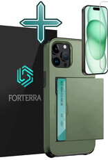 Forterra Hoesje Geschikt voor iPhone 15 Pro Pashouder Hard Case Hoes Met Screenprotector - Hoes Geschikt voor iPhone 15 Pro Hoesje Back Cover Met Pasjeshouder - Donker Groen
