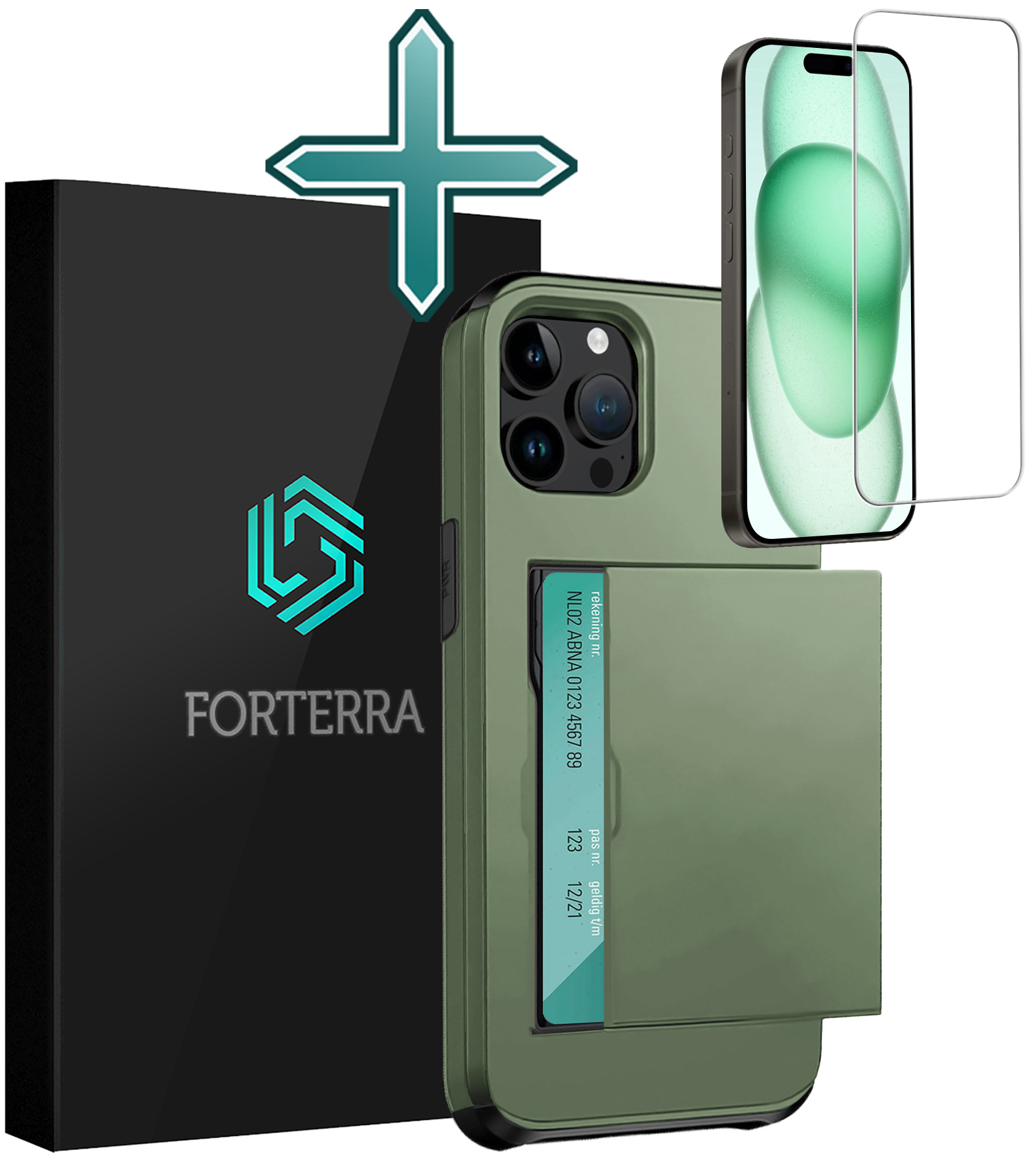 Forterra Hoesje Geschikt voor iPhone 15 Pro Pashouder Hard Case Hoes Met Screenprotector - Hoes Geschikt voor iPhone 15 Pro Hoesje Back Cover Met Pasjeshouder - Donker Groen