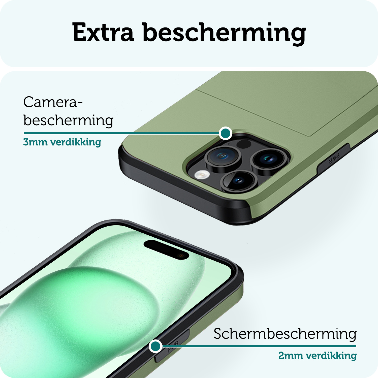Forterra Hoesje Geschikt voor iPhone 15 Pro Pashouder Hard Case Hoes Met Screenprotector - Hoes Geschikt voor iPhone 15 Pro Hoesje Back Cover Met Pasjeshouder - Donker Groen