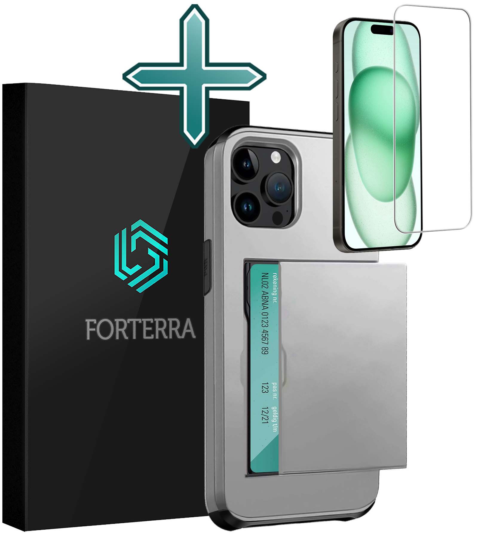 Forterra Hoesje Geschikt voor iPhone 15 Pro Pashouder Hard Case Hoes Met Screenprotector - Hoes Geschikt voor iPhone 15 Pro Hoesje Back Cover Met Pasjeshouder - Grijs