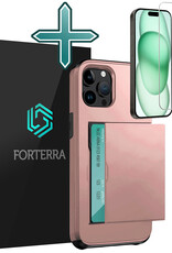 Forterra Hoesje Geschikt voor iPhone 15 Pro Pashouder Hard Case Hoes Met Screenprotector - Hoes Geschikt voor iPhone 15 Pro Hoesje Back Cover Met Pasjeshouder - Rosé Goud