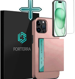 Forterra Forterra iPhone 15 Pro Hoesje Pashouder Hard Met Screenprotector - Rosé Goud
