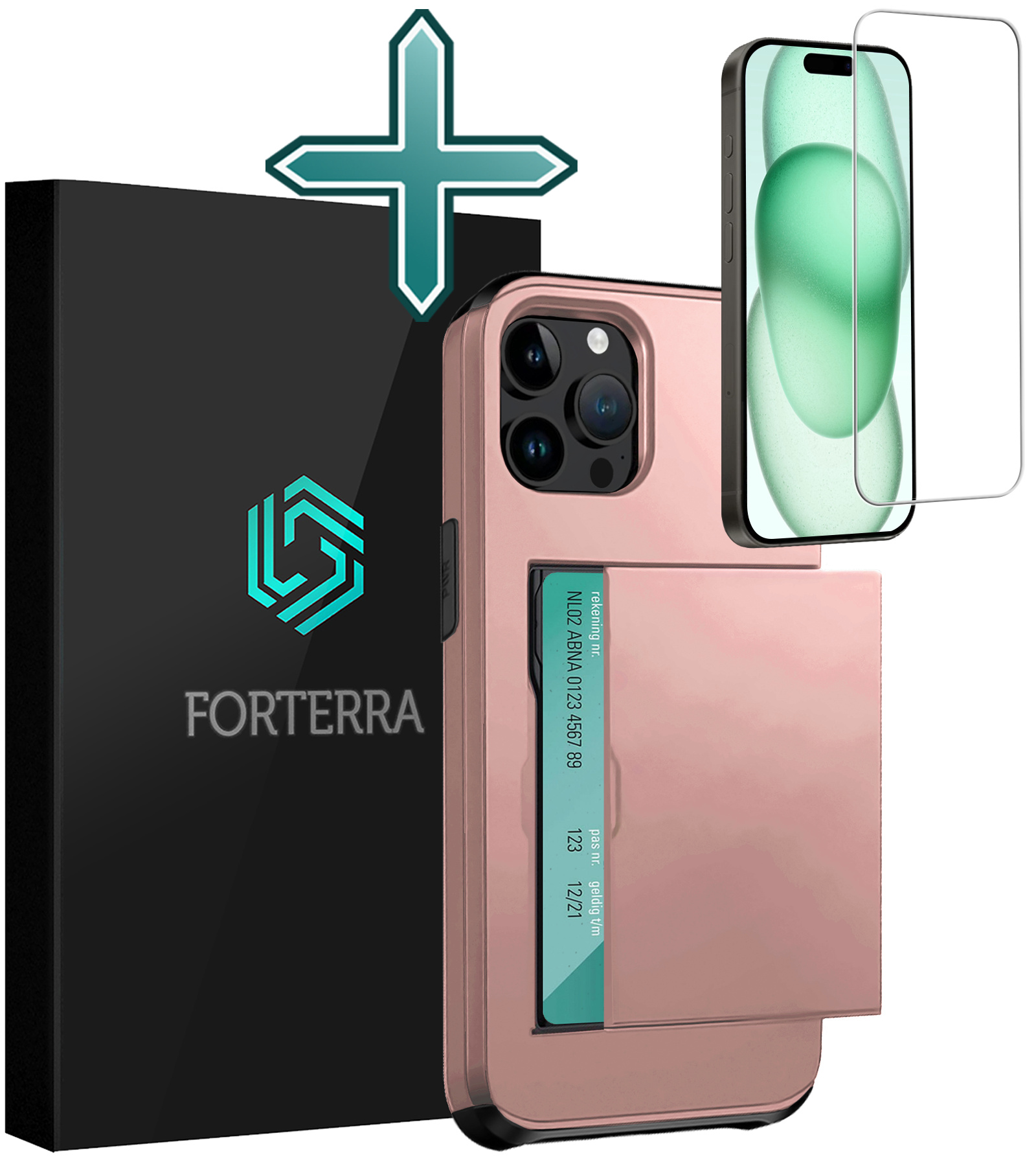 Forterra Hoesje Geschikt voor iPhone 15 Pro Pashouder Hard Case Hoes Met Screenprotector - Hoes Geschikt voor iPhone 15 Pro Hoesje Back Cover Met Pasjeshouder - Rosé Goud