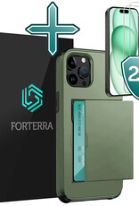 Forterra Hoesje Geschikt voor iPhone 15 Pro Pashouder Hard Case Hoes Met 2x Screenprotector - Hoes Geschikt voor iPhone 15 Pro Hoesje Back Cover Met Pasjeshouder - Donker Groen