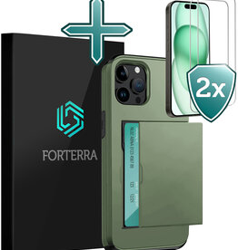 Forterra Forterra iPhone 15 Pro Hoesje Pashouder Hard Met 2x Screenprotector - Donker Groen