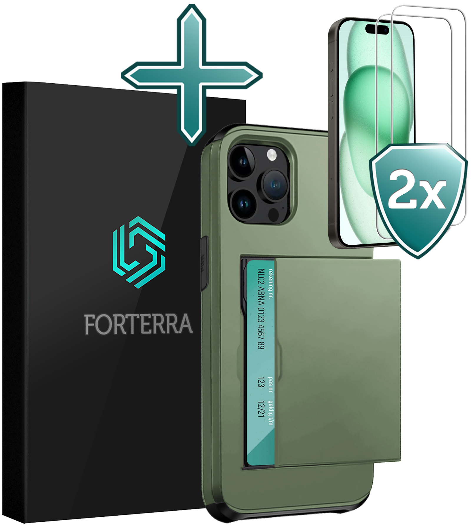 Forterra Hoesje Geschikt voor iPhone 15 Pro Pashouder Hard Case Hoes Met 2x Screenprotector - Hoes Geschikt voor iPhone 15 Pro Hoesje Back Cover Met Pasjeshouder - Donker Groen