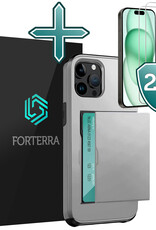 Forterra Hoesje Geschikt voor iPhone 15 Pro Pashouder Hard Case Hoes Met 2x Screenprotector - Hoes Geschikt voor iPhone 15 Pro Hoesje Back Cover Met Pasjeshouder - Grijs