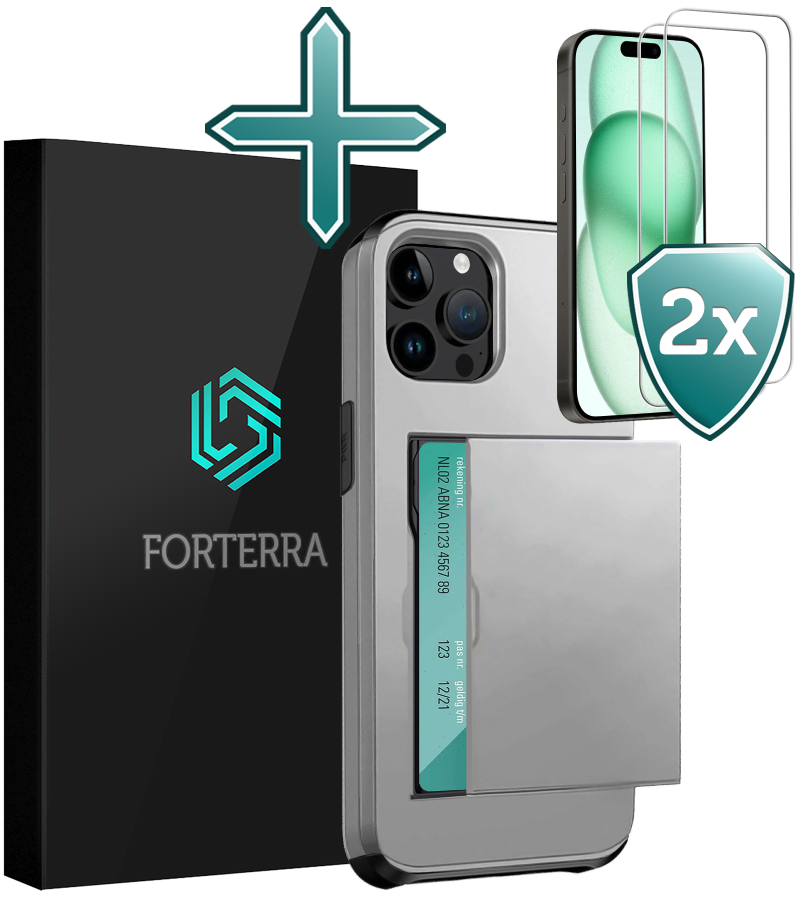 Forterra Hoesje Geschikt voor iPhone 15 Pro Pashouder Hard Case Hoes Met 2x Screenprotector - Hoes Geschikt voor iPhone 15 Pro Hoesje Back Cover Met Pasjeshouder - Grijs