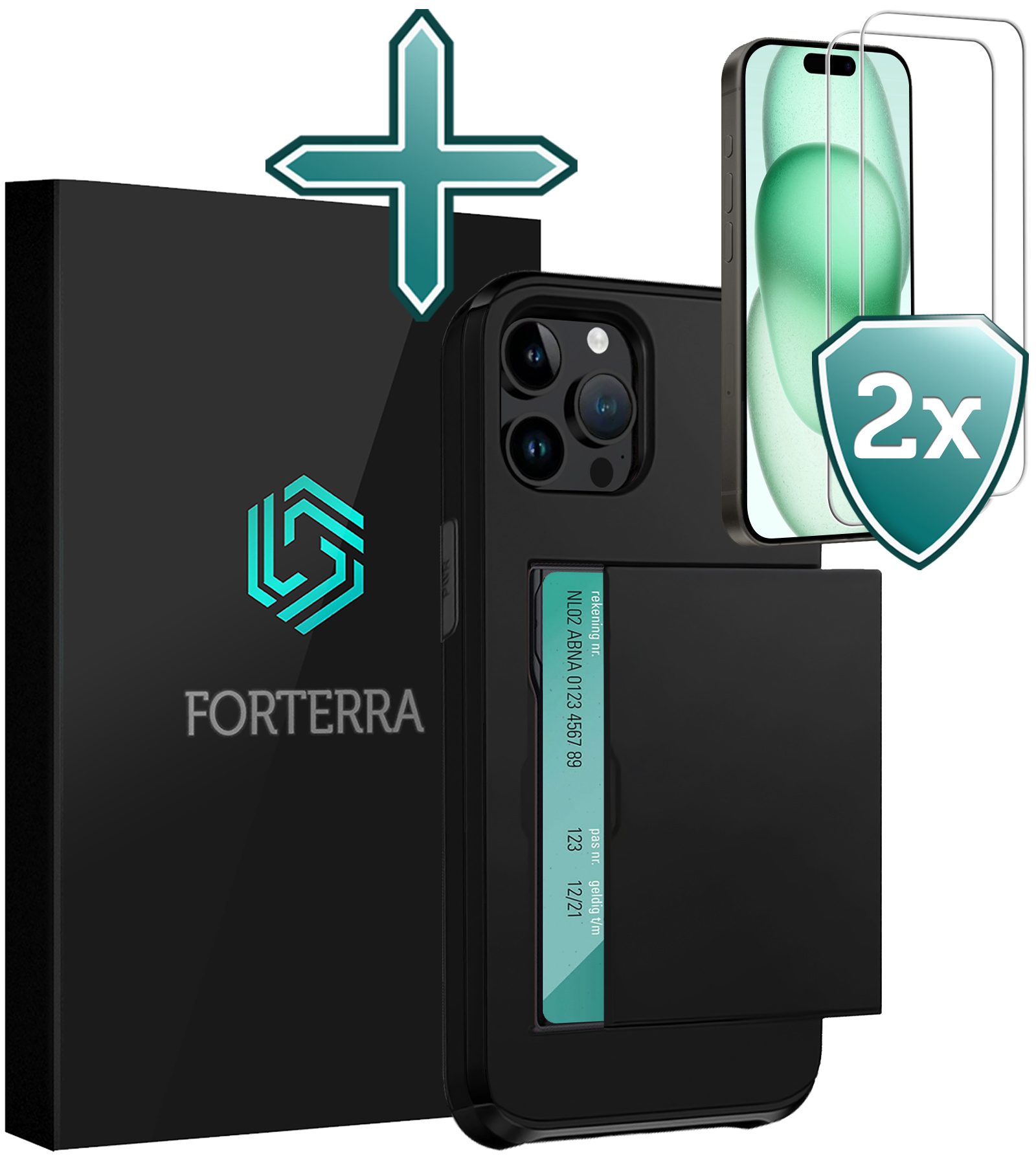 Forterra Hoesje Geschikt voor iPhone 15 Pro Pashouder Hard Case Hoes Met 2x Screenprotector - Hoes Geschikt voor iPhone 15 Pro Hoesje Back Cover Met Pasjeshouder - Zwart