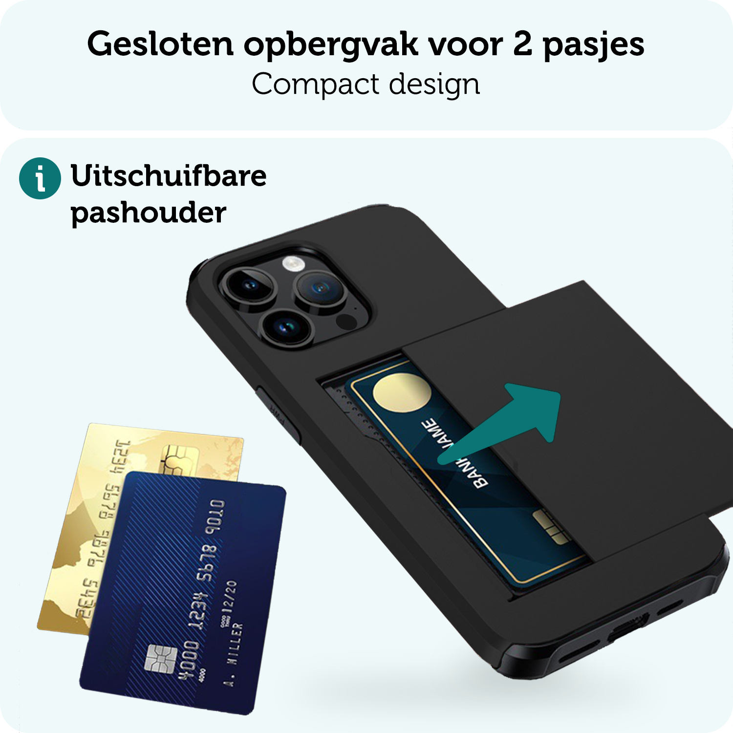 Forterra Hoesje Geschikt voor iPhone 15 Pro Pashouder Hard Case Hoes Met 2x Screenprotector - Hoes Geschikt voor iPhone 15 Pro Hoesje Back Cover Met Pasjeshouder - Zwart
